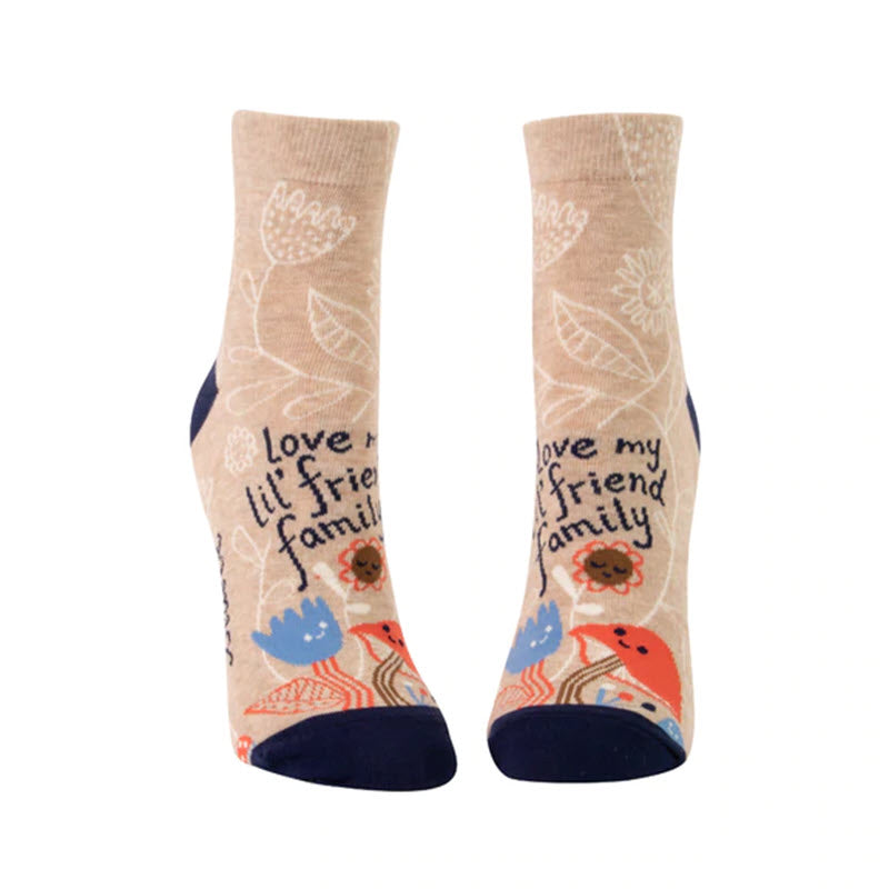 A pair of Blue Q ankle socks with floral and bird designs and the text &quot;love my friend family&quot; printed on them, fitting Women&#39;s shoe size 5-10.