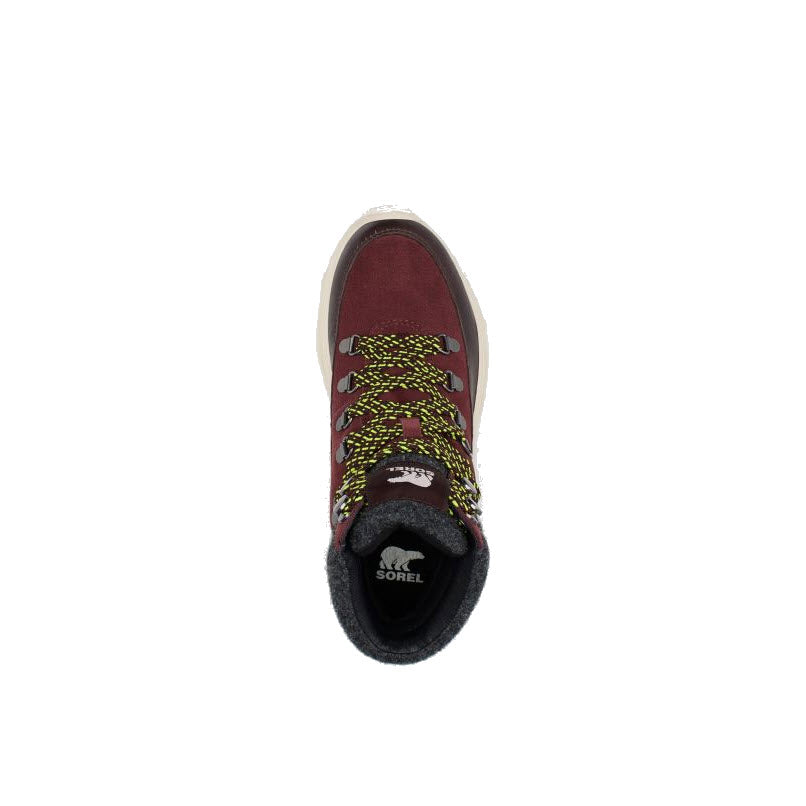 Top view of a maroon and grey Sorel Kinetic Breakthru Conquest WP shoe with bright yellow laces, offering all-day comfort.