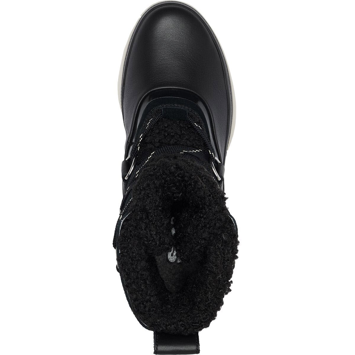 Top view of a waterproof black Sorel Joan of Arctic Next boot with laces and a thick, fuzzy lining.