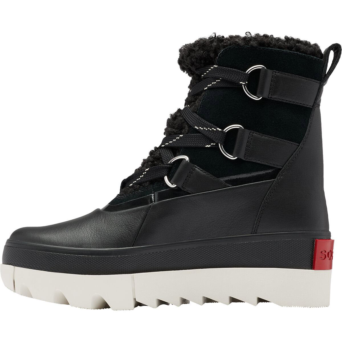 Black leather high-top boot with chunky white high-traction sole and black laces, featuring a plush lining and a small red logo on the heel - Sorel Joan of Arctic Next Boot Black - Womens.