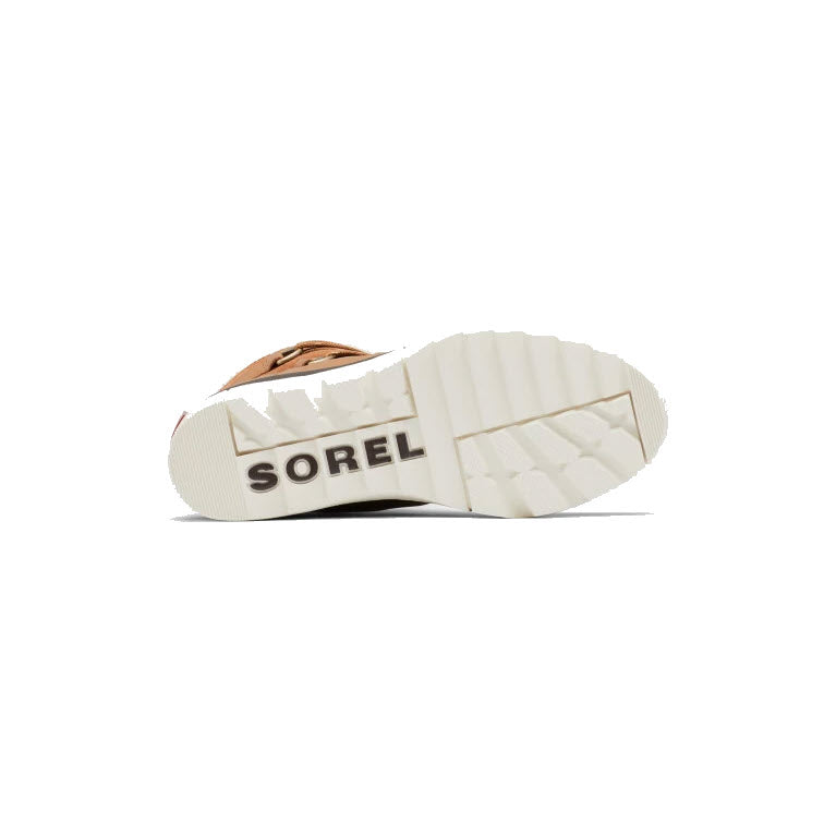Isolated image of the sole of a Sorel JOAN OF ARCTIC NEXT BOOT VELVET TAN - WOMENS waterproof winter boot showing the brand&#39;s logo and its high-traction sole.