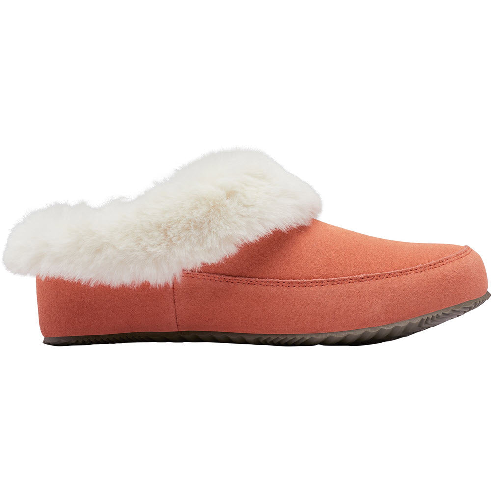 Single paradox pink soft slipper with fluffy white lining and a sturdy rubber sole, displayed against a white background.