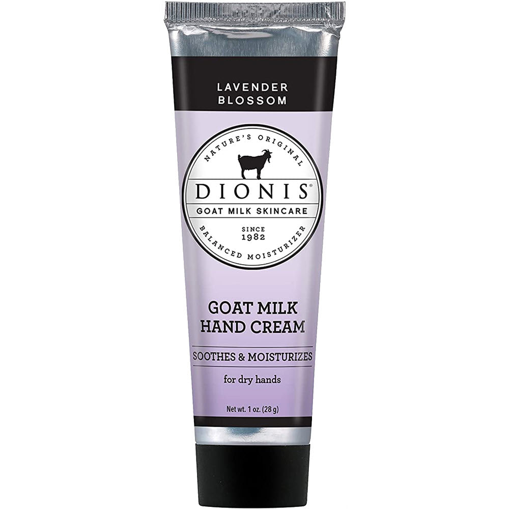 A tube of DIONIS 1 oz cream lavender blossom scented goat milk hand cream by Dionis, claiming to soothe and moisturize skin. It is also Cruelty-Free.