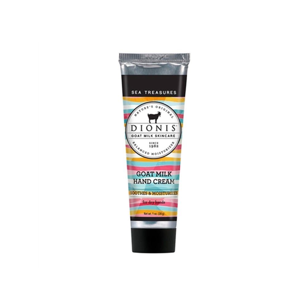 A tube of Dionis goat milk hand cream with a &#39;Sea Treasures&#39; label to nourish dry hands.