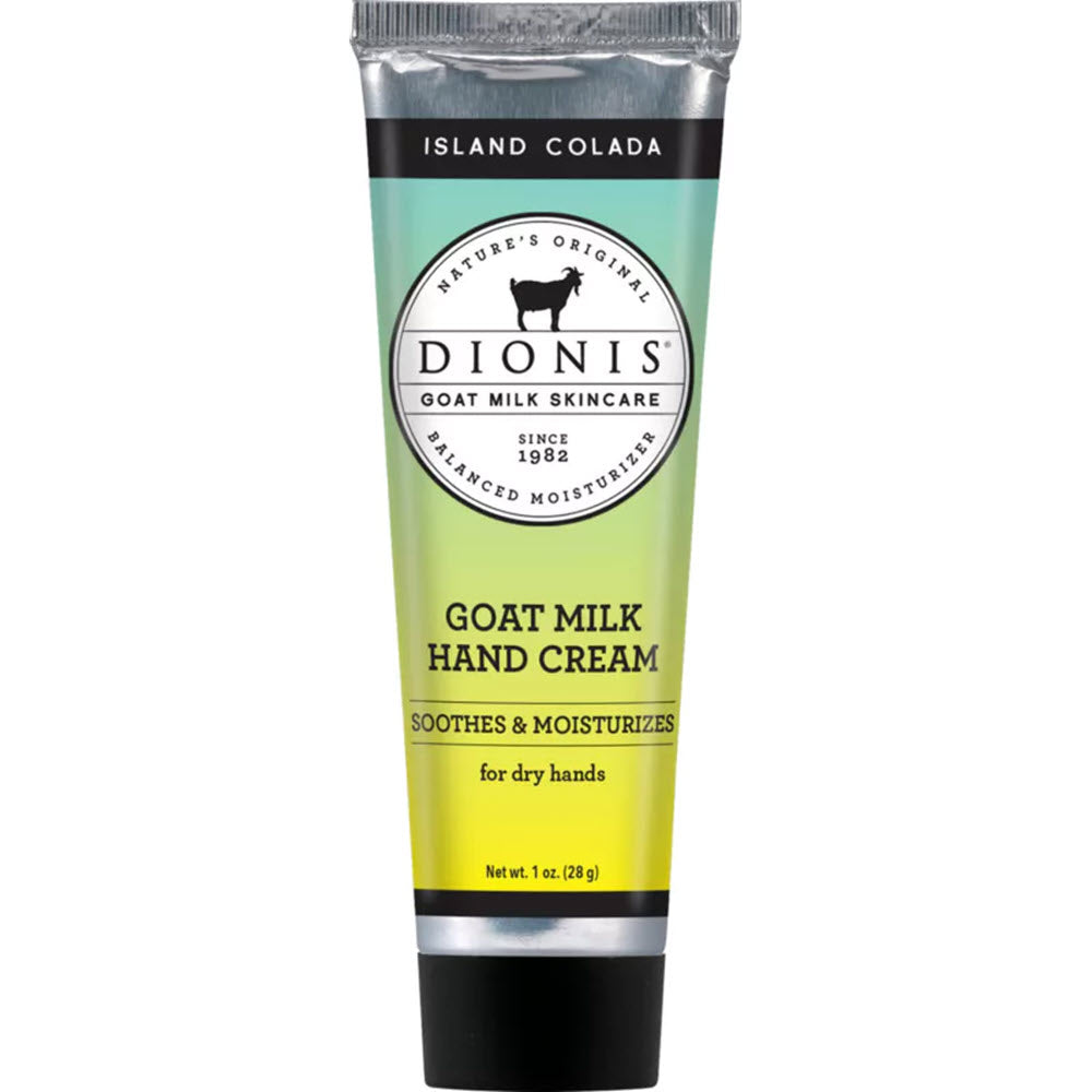 A tube of Dionis hand cream in Island Colada scent, intended for moisturizing treatment of dry hands.