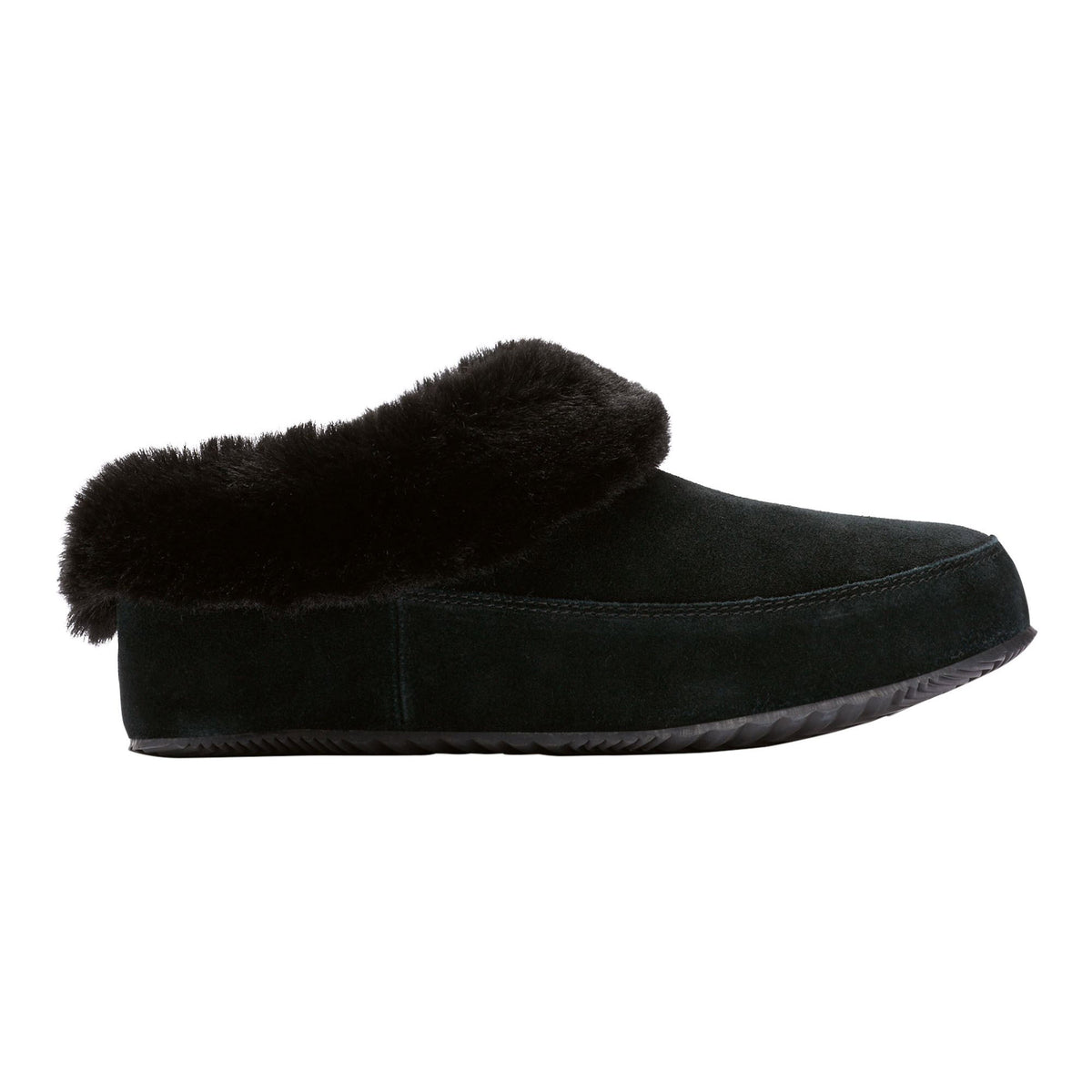 A single SOREL GO COFFEE RUN BLACK - WOMENS slipper with a luxuriously soft furry lining and trim, isolated on a white background.