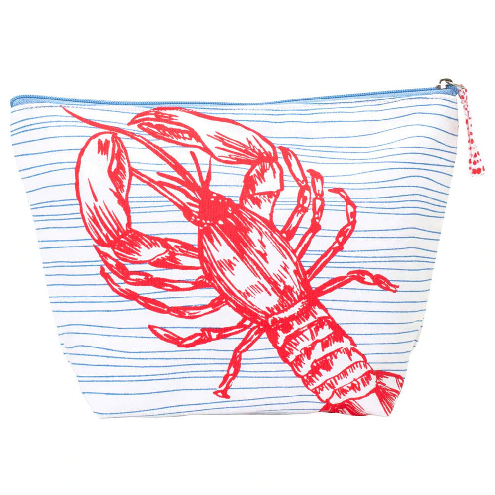 A Rockflowerpaper large pouch with a red lobster illustration on a striped background.