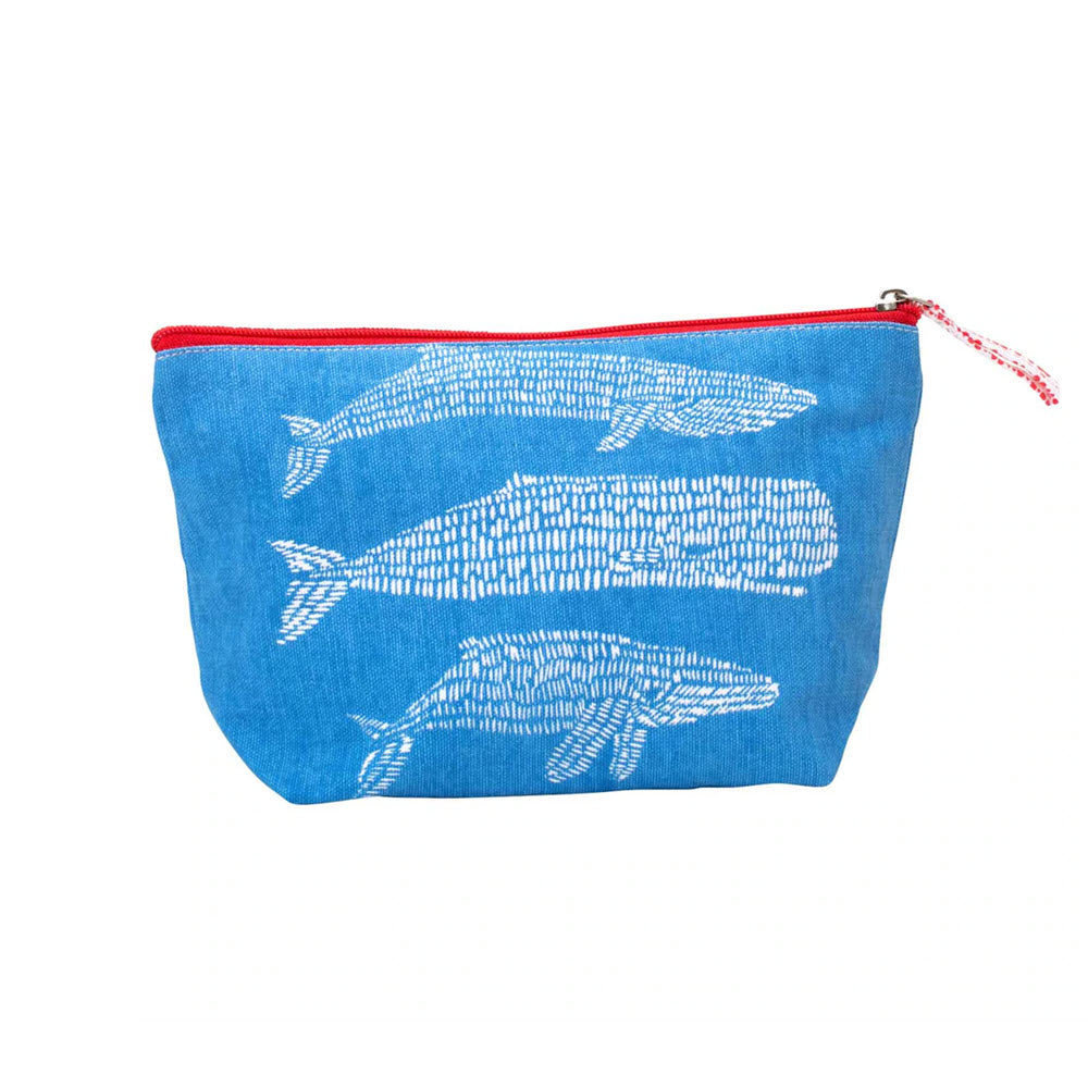 Rockflowerpaper medium pouch with whales print and red zipper, perfect to organize small items.
