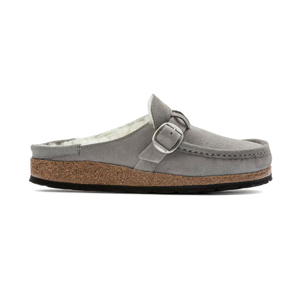Gray slip-on clog with buckle detail and Birkenstock Buckley cork footbed.