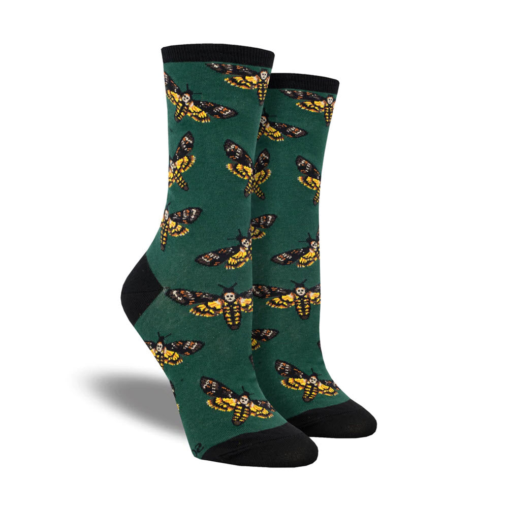 A pair of SOCKSMITH MOTHS SOCKS GREEN, size 9-11 suitable for women&#39;s shoe size, with a butterfly pattern displayed on a white background by Socksmith.