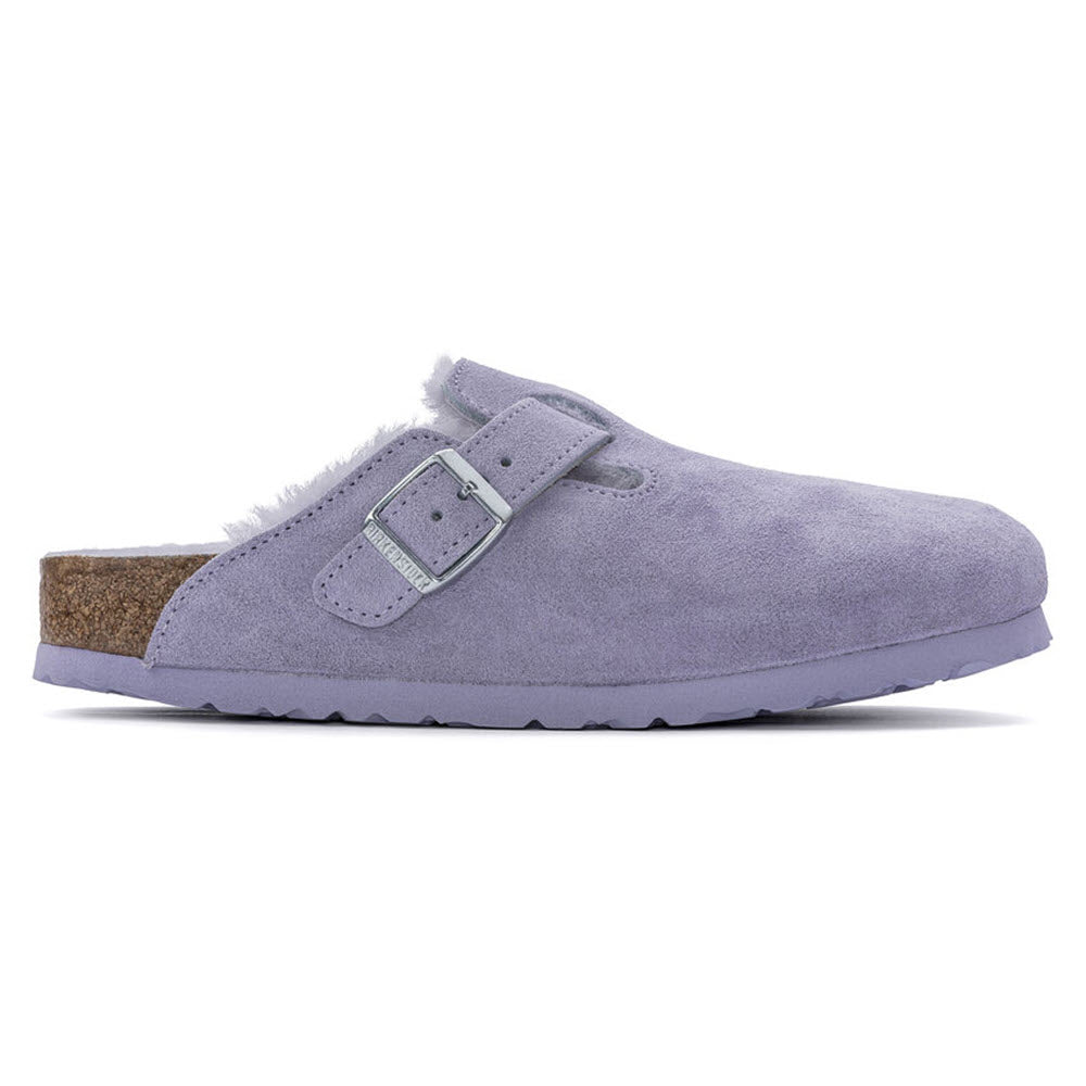 A single lilac suede Birkenstock Boston SHEARLING PURPLE FOG clog with a buckle strap and cork sole on a white background.