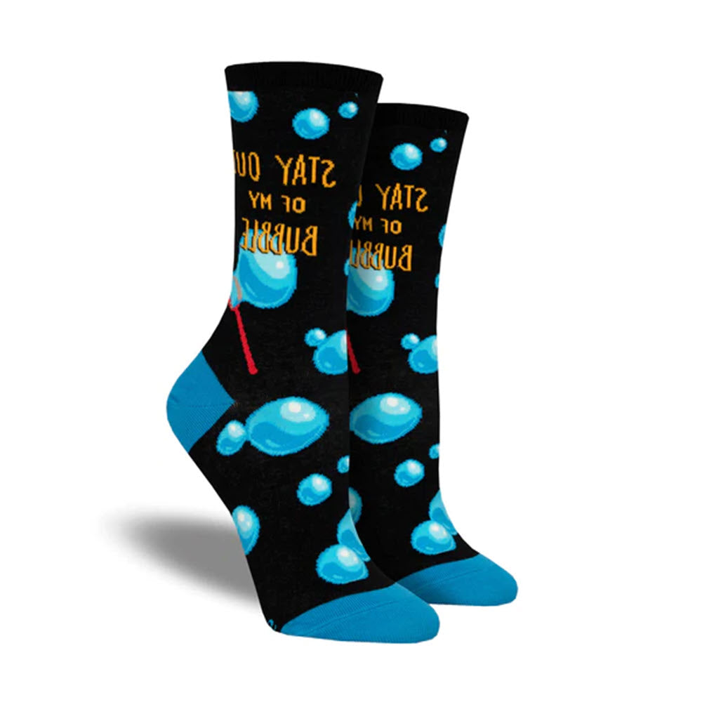 A pair of SOCKSMITH STAY OUT OF MY BUBBLE SOCKS BLACK, sock size 9-11, with blue bubbles and the phrase &quot;stay out of my bubble&quot; printed on them, designed to fit women&#39;s shoe size 5-