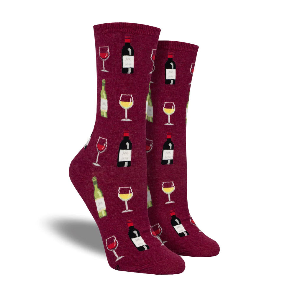 A pair of Socksmith Fine Wine socks in red, size 9-11 with a repeated pattern of wine bottles and glasses, designed for women.