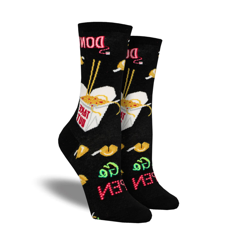A pair of SOCKSMITH 24 HOUR DINER SOCKS BLACK with a whimsical sushi and chopsticks design by Socksmith.
