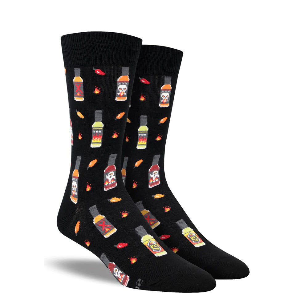 A pair of Socksmith Hot in Here socks for men&#39;s shoe size with colorful fast food print design and specific fiber content.
