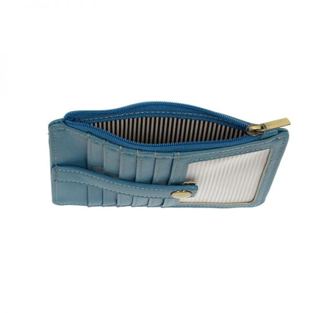 Blue and white striped Joy Susan Penny Mini Travel Wallet with a zipper closure.