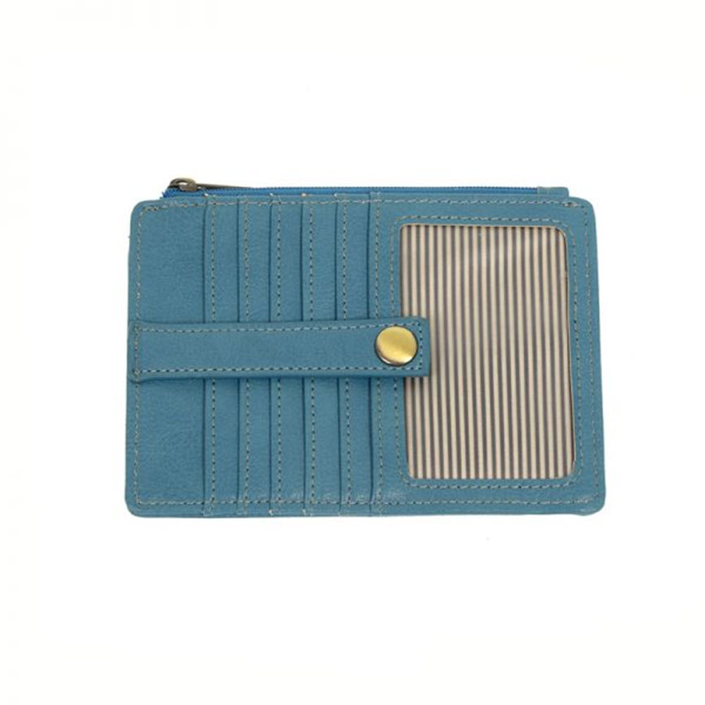 JOY SUSAN PENNY MINI TRAVEL WALLET BLUE vegan leather wallet with a striped panel and snap button closure.
