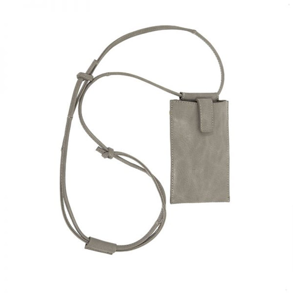 A gray Joy Susan vegan leather lanyard phone pouch isolated on a white background.