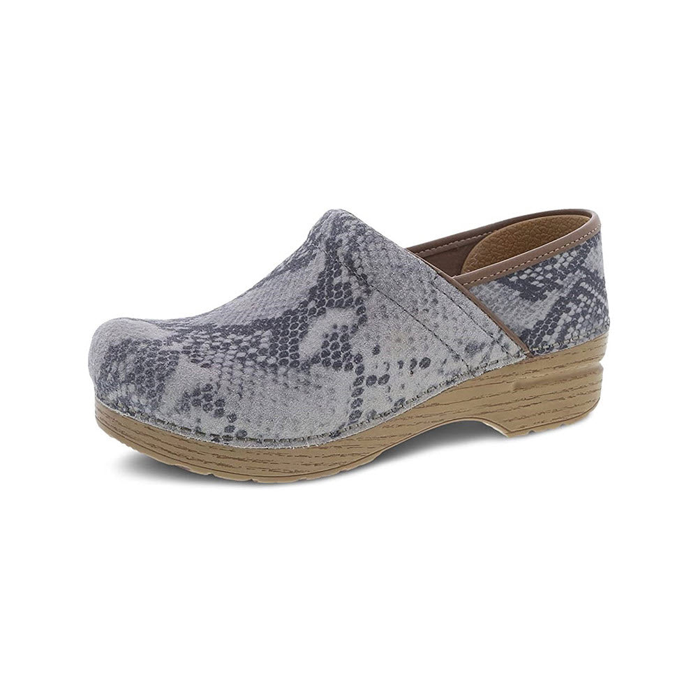 Women&#39;s DANSKO PROF TAUPE SUEDE SNAKE clog on a white background, featuring an anti-fatigue rocker bottom for comfort.