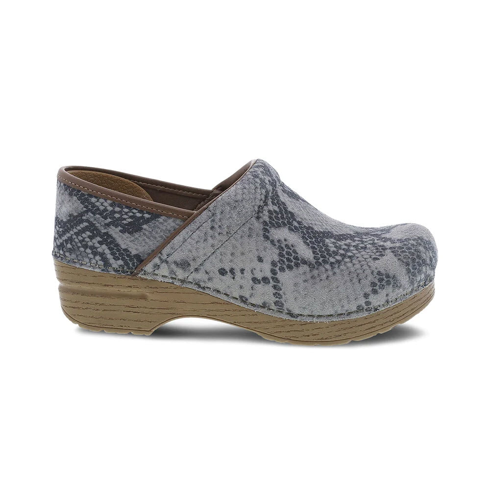 A single patterned Dansko Prof Taupe Suede Snake clog-style shoe with a wooden heel and an anti-fatigue rocker bottom.