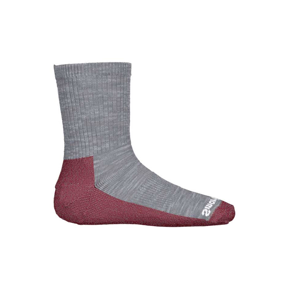 Smartwool Kids&#39; Hike Light Crew gray sock with maroon toe and heel sections, featuring anti-stink Merino.