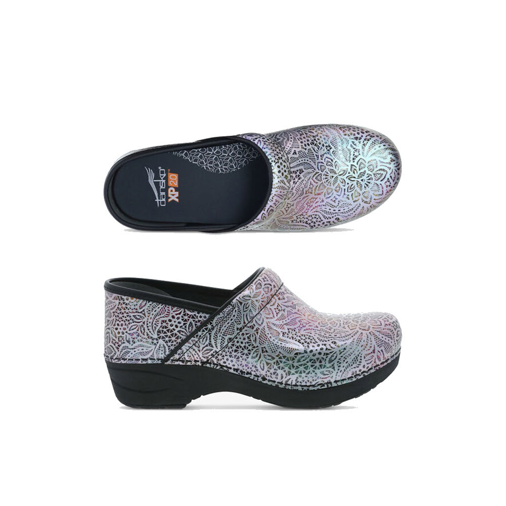 A pair of patterned Dansko PRO XP 2.0 Lacy Leather Women&#39;s nursing clogs displayed from a top and side view on a white background.