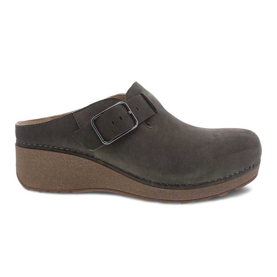 A single DANSKO CAIA TAUPE MILLED casual mule with a buckle and a wooden sole.