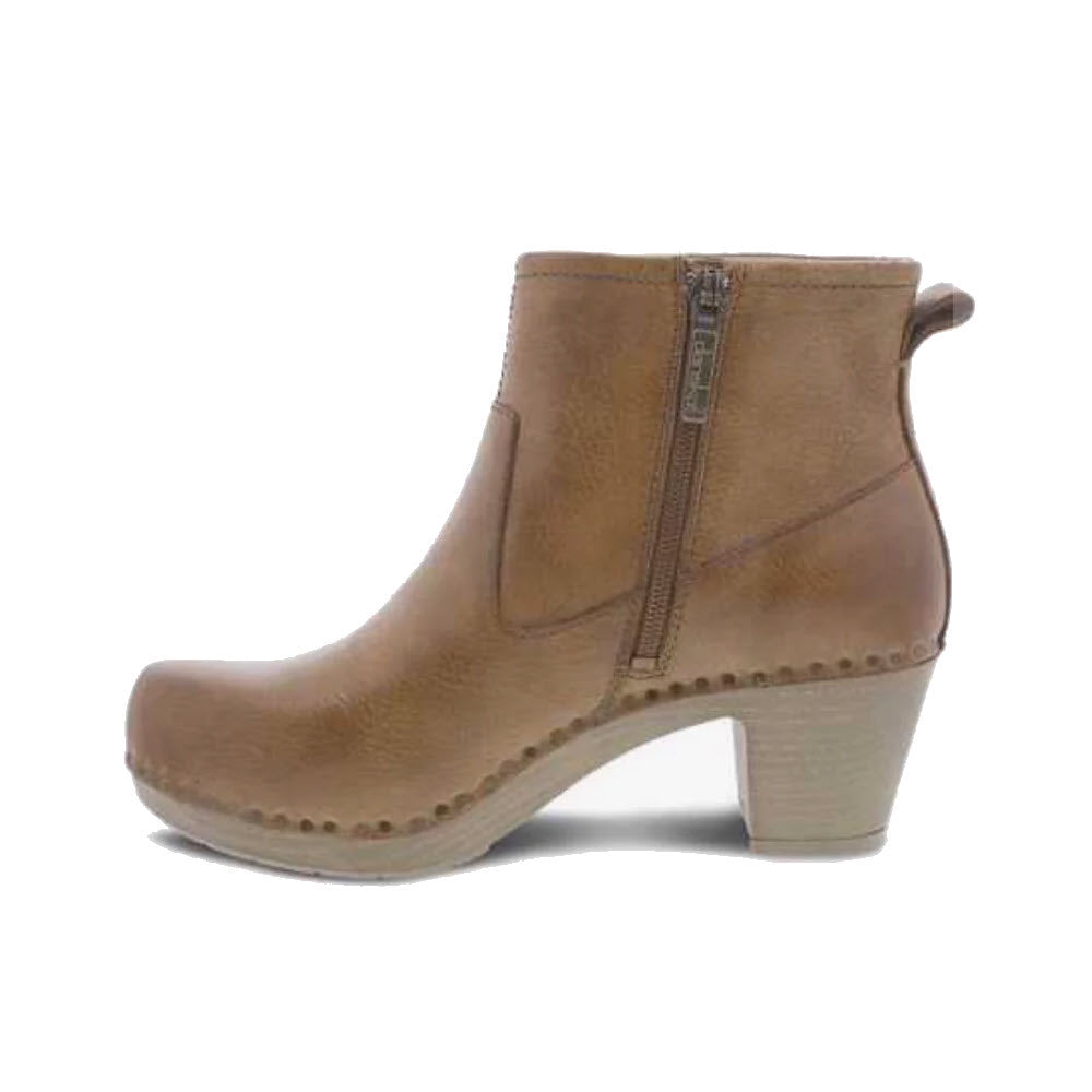 Brown leather stylish bootie with a chunky heel and side zipper, isolated on a white background. I recommend the Dansko Sarah Tan Milled Burnished - Womens.