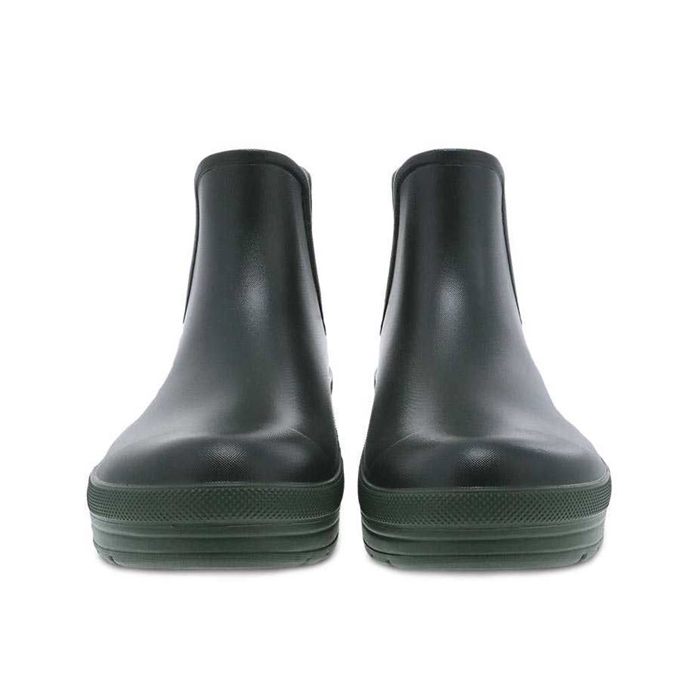 A pair of Dansko Karmel Rain boots with green soles and I&#39;m Green Biobased injected EVA isolated on a white background.