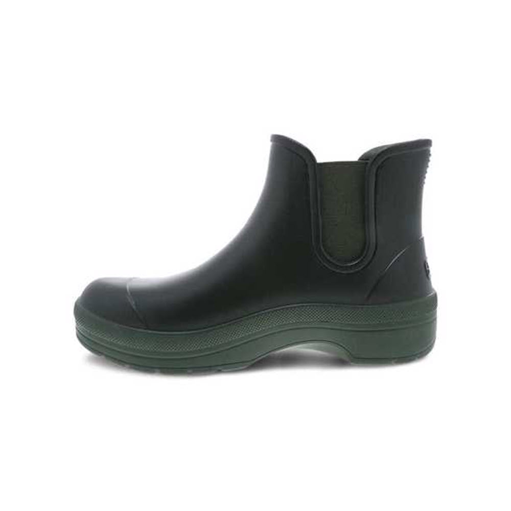A single Dansko Karmel Green boot with green soles isolated on a white background.