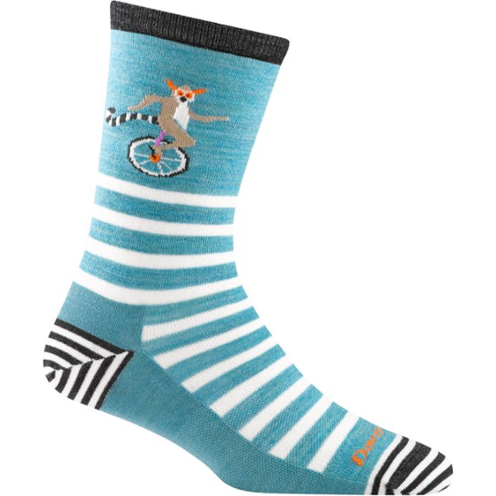 A colorful Darn Tough Animal Haus Herb Crew sock with a pattern featuring a goat riding a unicycle.