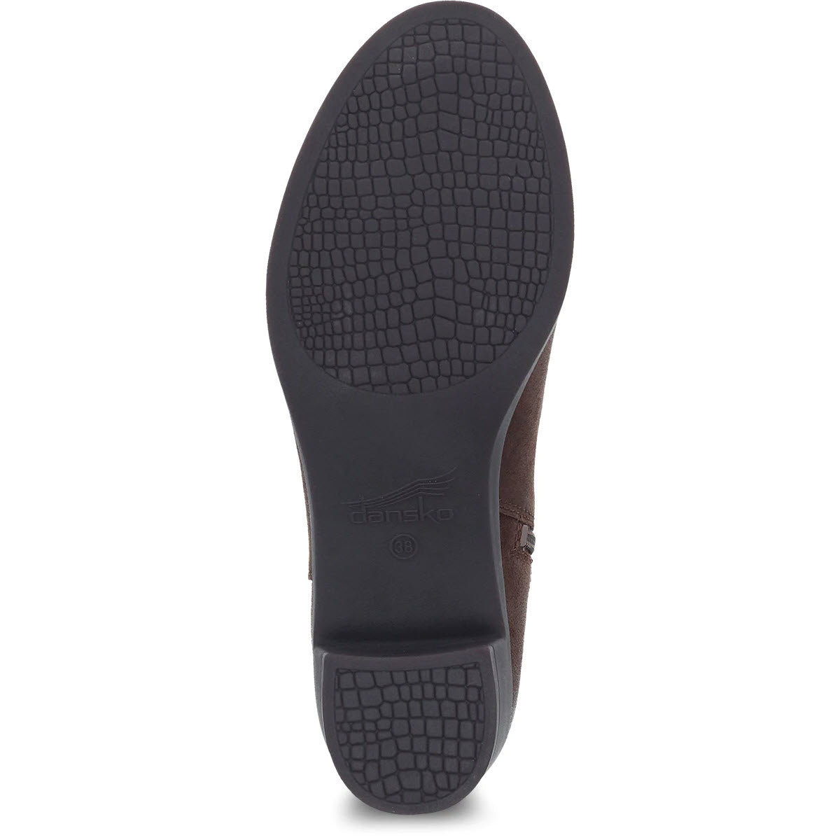 Sole of a brown Dansko Cagney heeled boot displaying the textured pattern and Dansko logo.