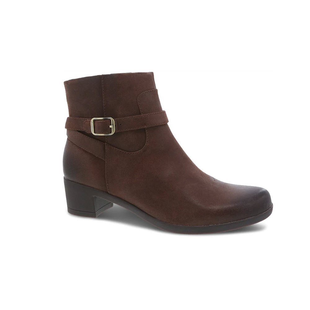 A Dansko Cagney brown burnished heeled boot with a small heel and a decorative buckle strap around the top.
