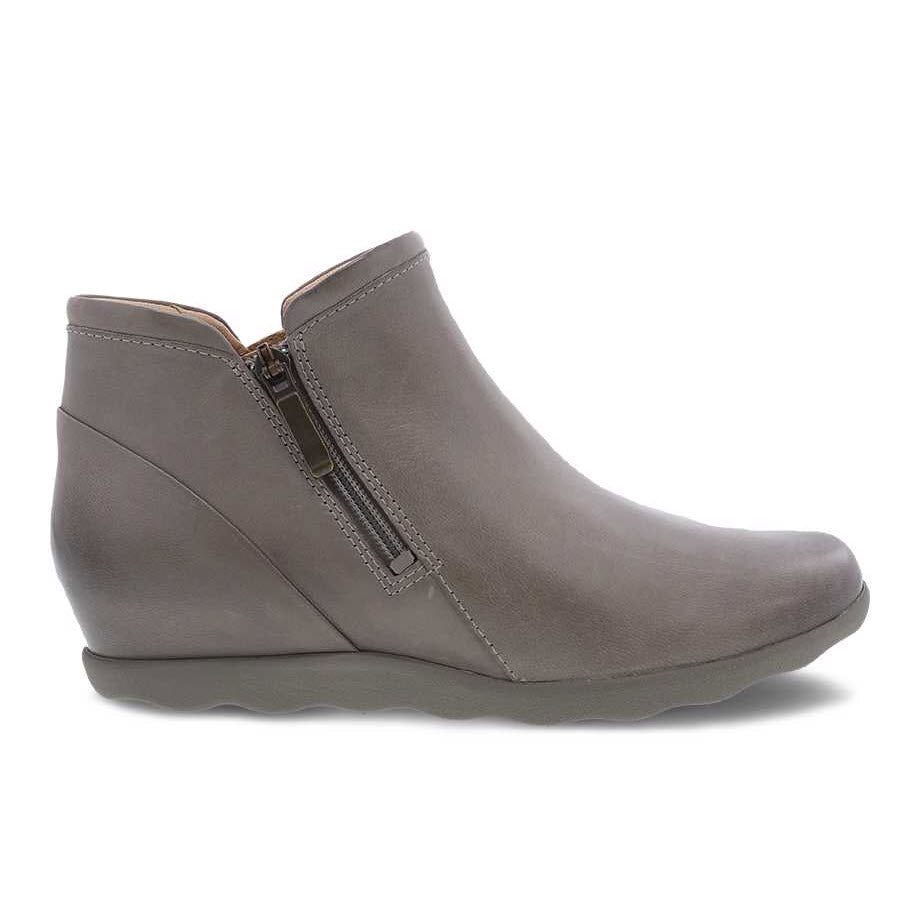 Dansko Miki Taupe Burnished wedge ankle bootie with zipper detail.