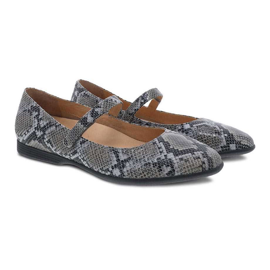 A pair of DANSKO LILLY GREY SNAKE - WOMENS ballet Mary Janes with strap detailing and leather uppers.