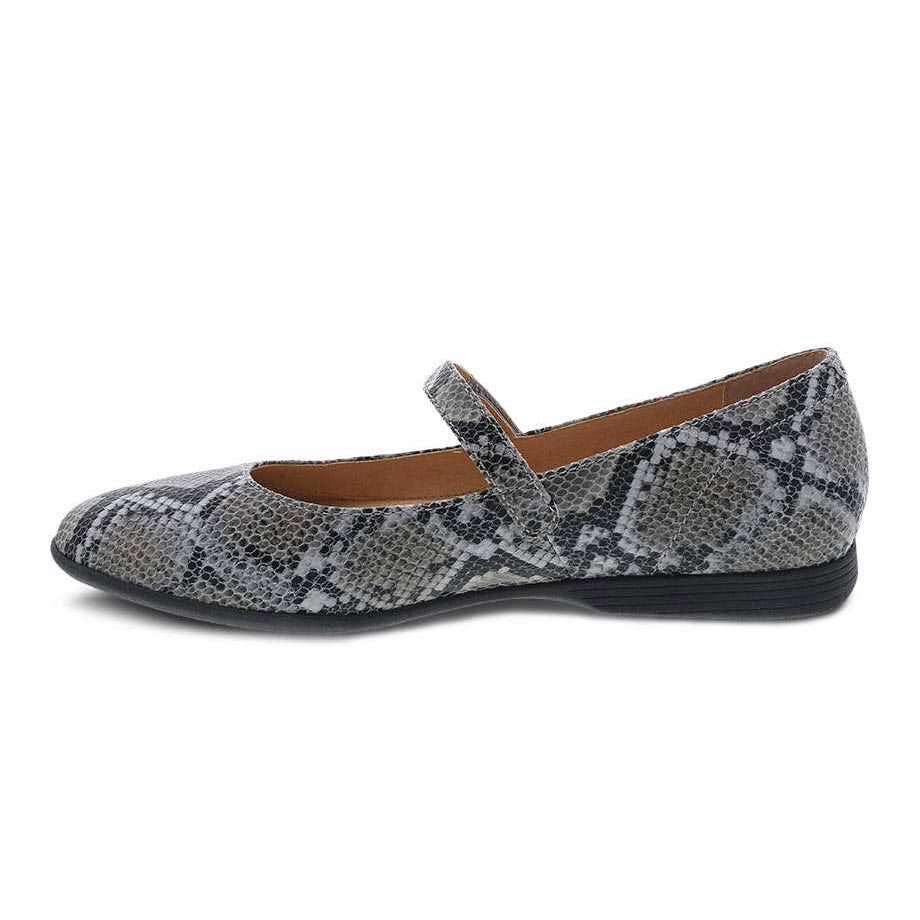 Dansko Lilly Grey Snake - Women&#39;s flat shoe with a strap over the instep.