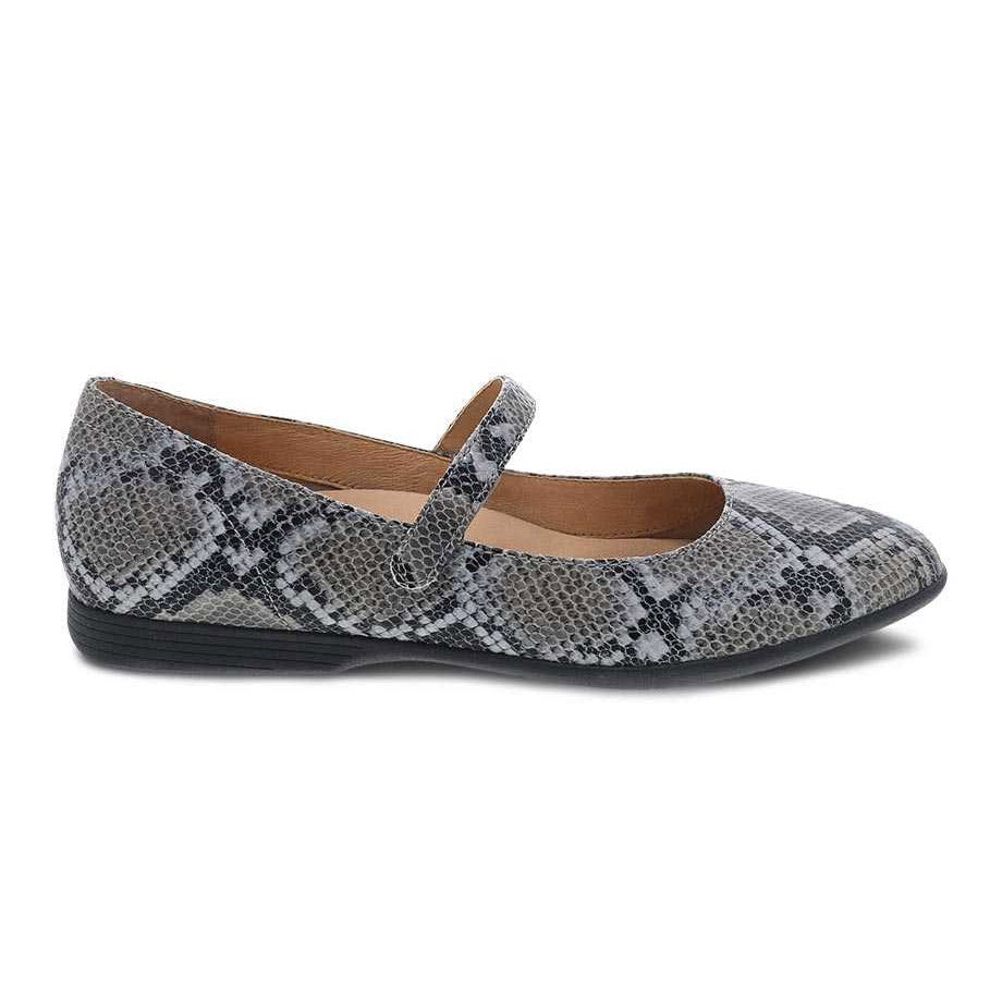 A single DANSKO Lilly Grey Snake ballet flat with a strap across the top, featuring Dansko Natural Arch technology for enhanced comfort.