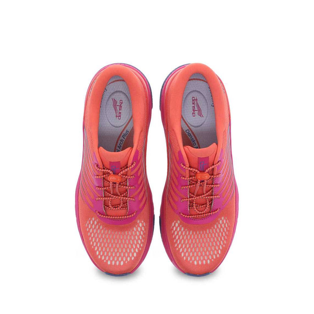 A pair of Dansko Penni Coral Mesh athletic shoes with a bungee lacing system, viewed from the top on a white background.