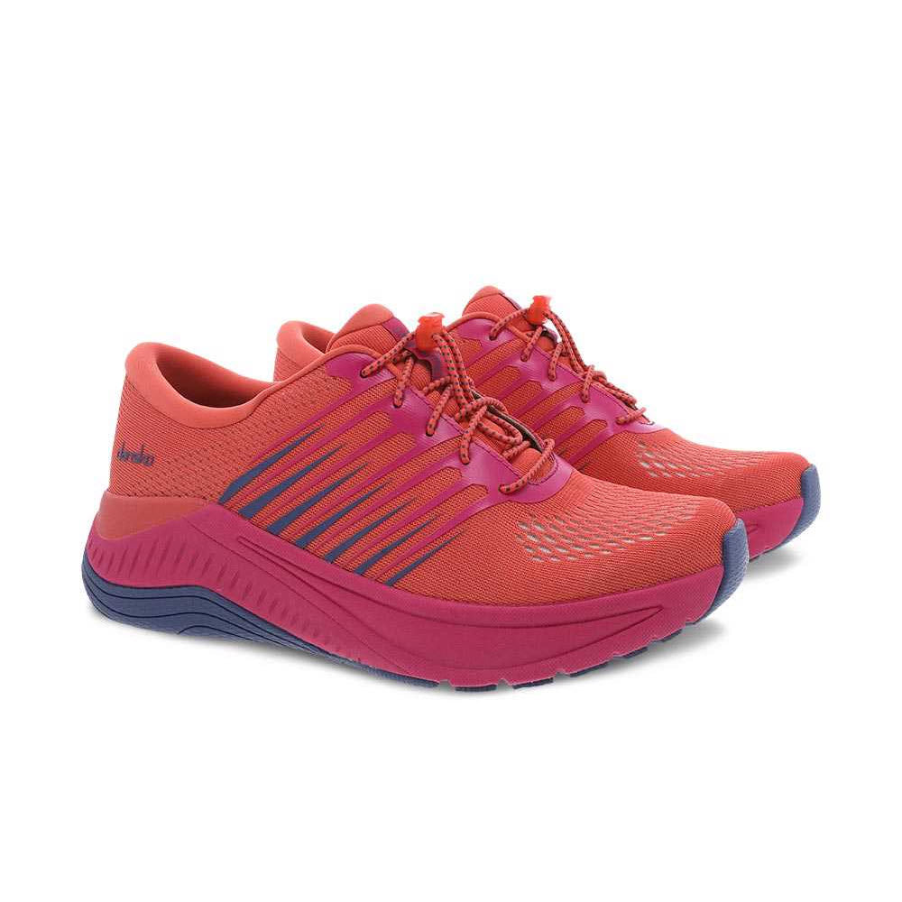 A pair of Dansko Penni Coral Mesh athletic running shoes featuring a bungee lacing system on a white background.
