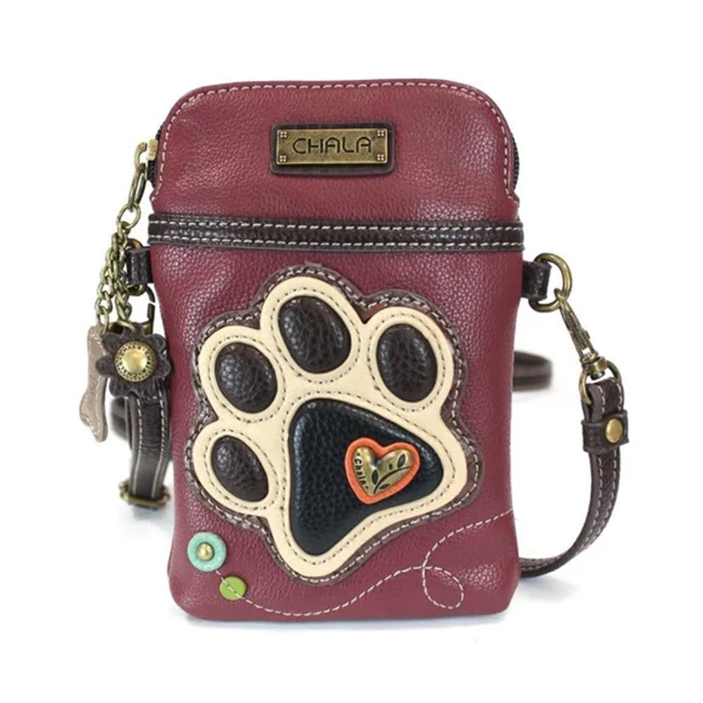 Small, maroon and brown paw print CHALA VENTURE PHONE CROSSBODY BAG with Chala brand tag, perfect as a dog lover gift.