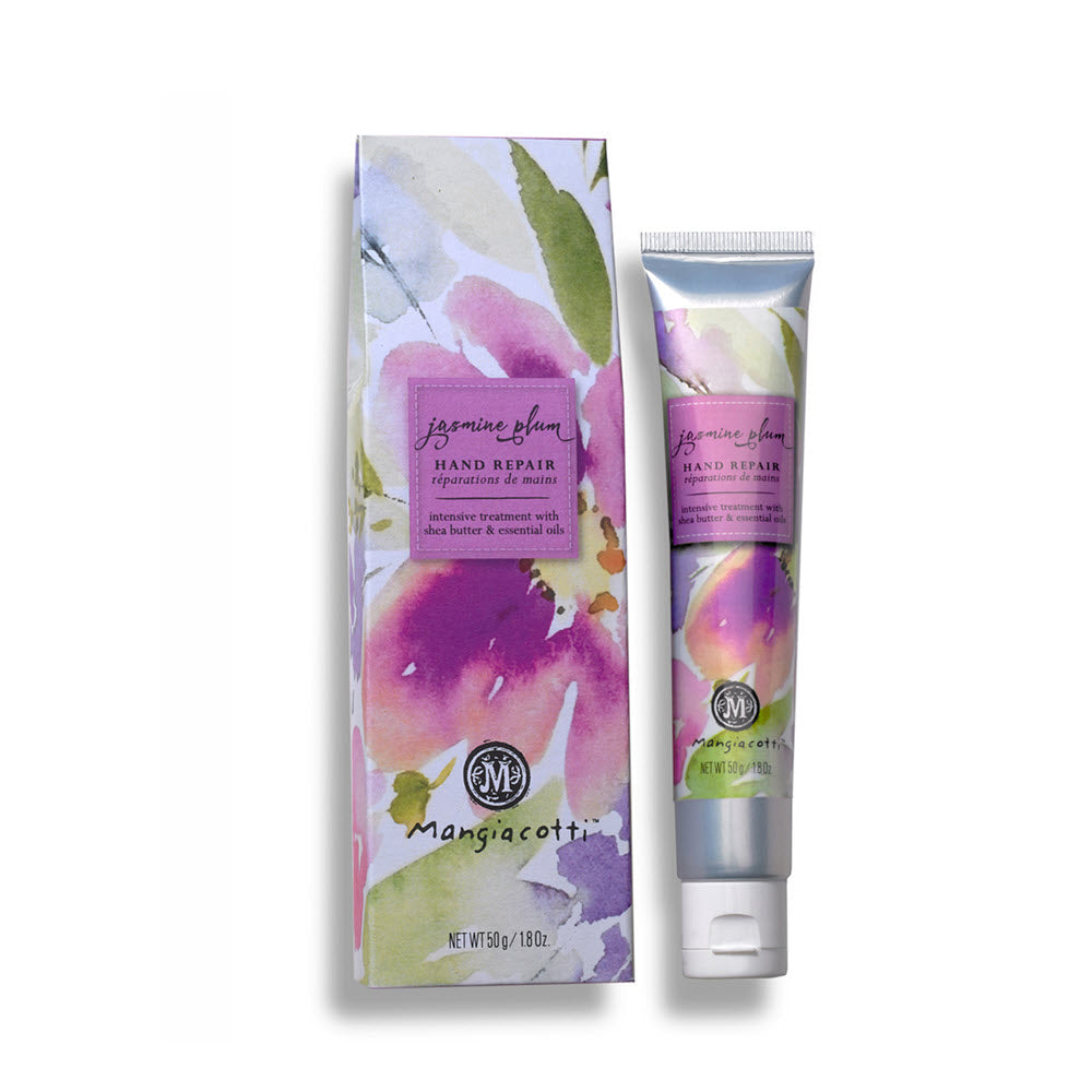 Mangiacotti Hand Repair lotion Jasmine Plum with essential oils next to its packaging with floral design.