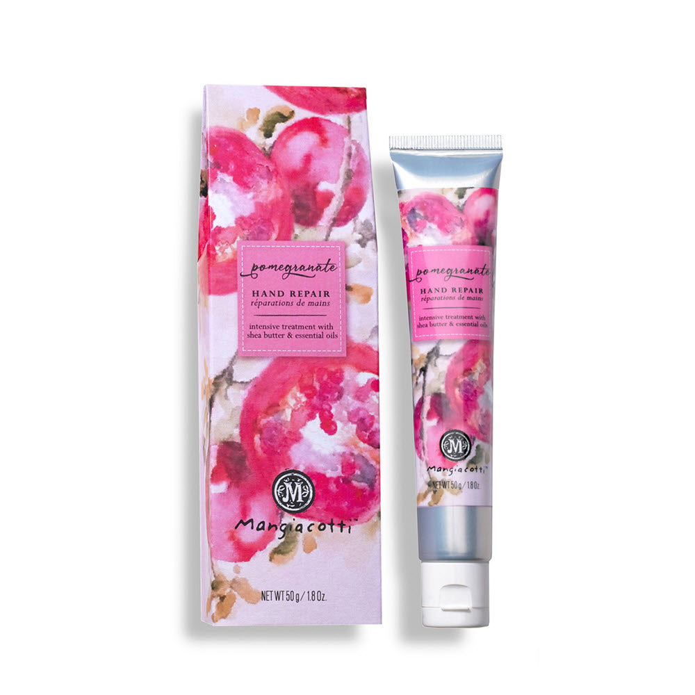 Mangiacotti Pomegranate and Shea Butter hand repair cream with matching packaging.