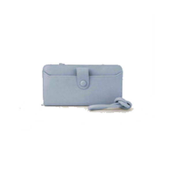 A Caracol sky blue clutch purse with a crossbody strap.