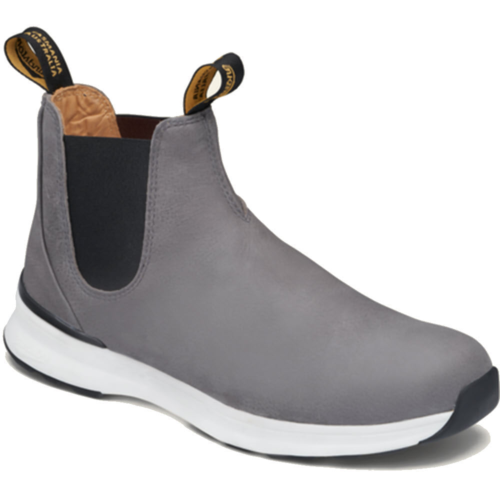 A gray waterproof suede leather boot with elastic side panels and a white sole, such as the Blundstone Active Dusty Grey - Womens.