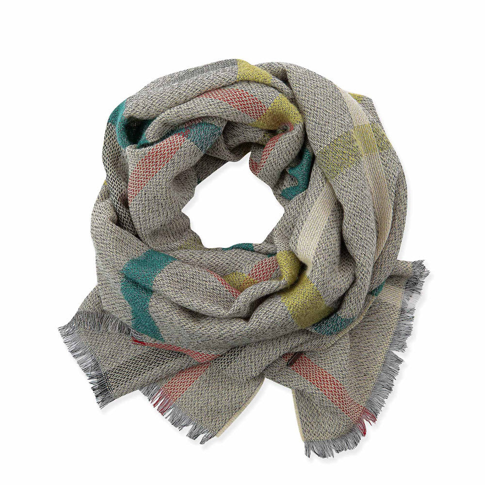 A gray plaid women&#39;s Pistil Crave scarf with fringed ends, featuring green and yellow accents, displayed in a loop on a white background.