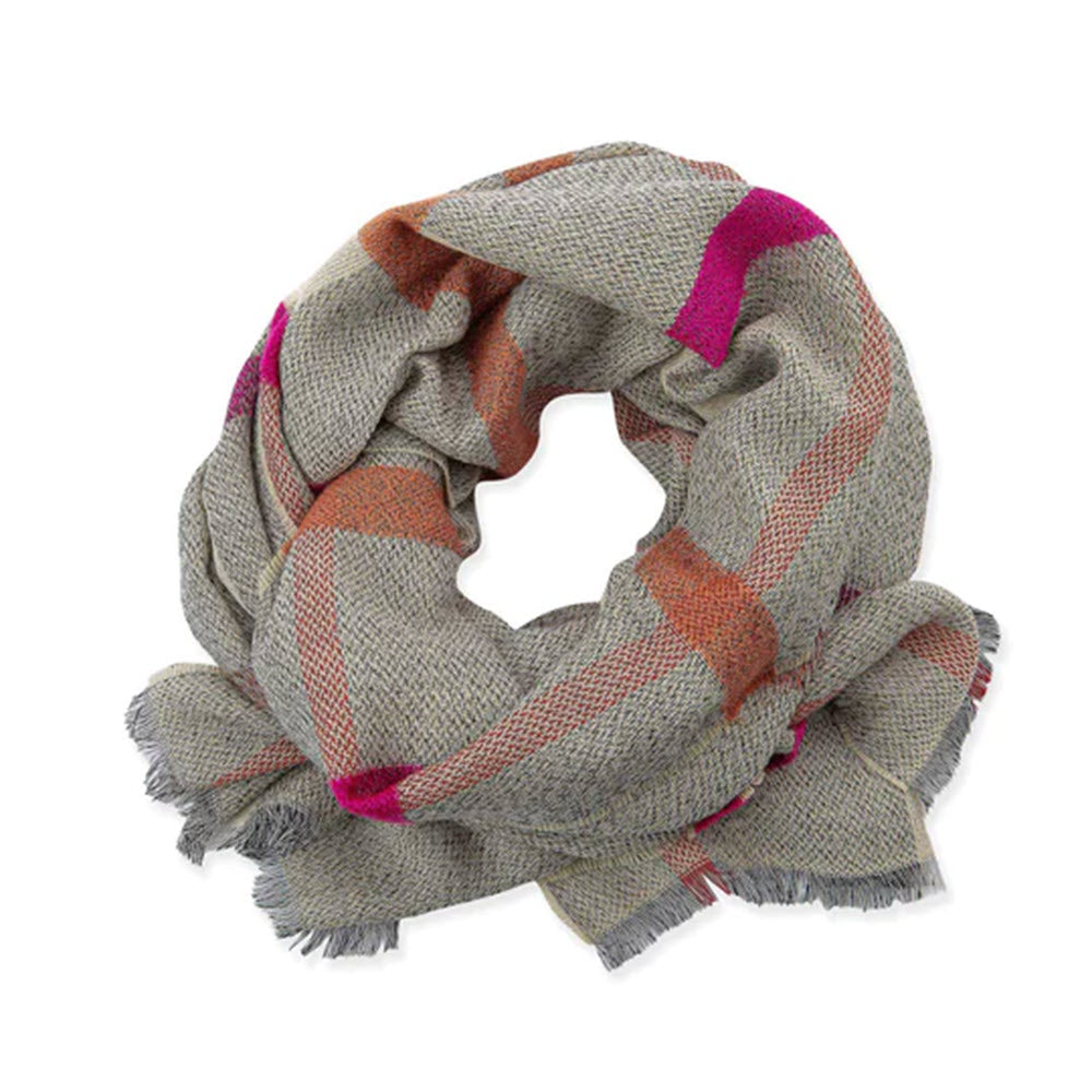 A gray plaid women&#39;s Pistil Crave scarf with pink and orange stripes and fringed edges, displayed against a white background.