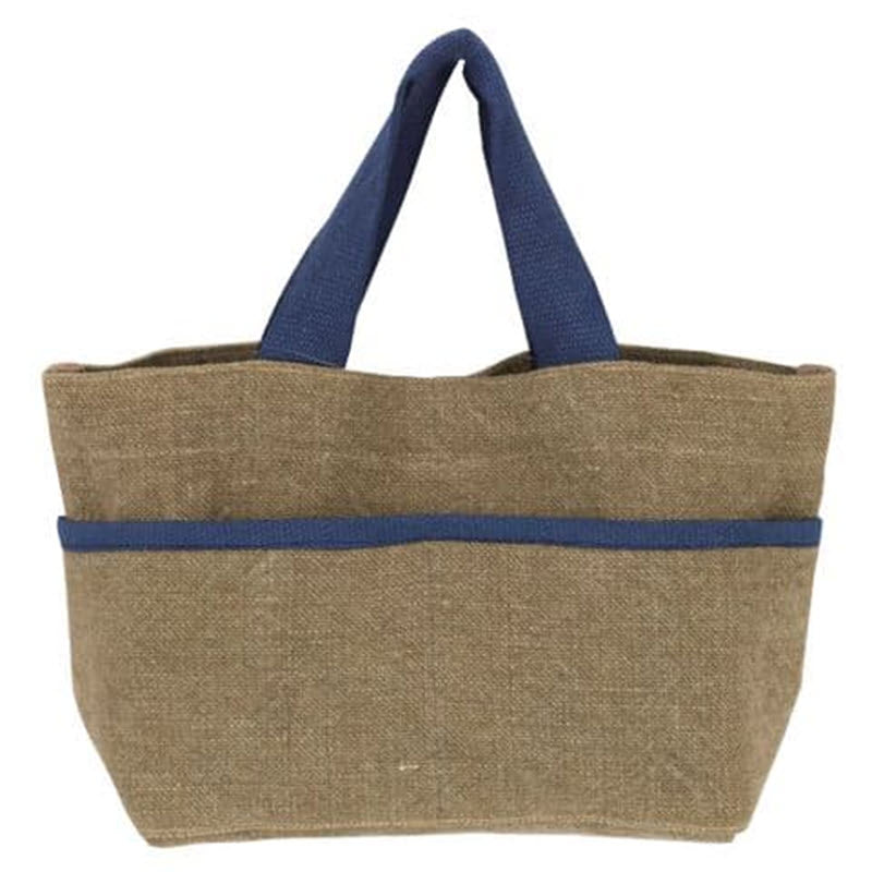 Love Vivid tote bag with blue handles, trim, and magnetic closure.