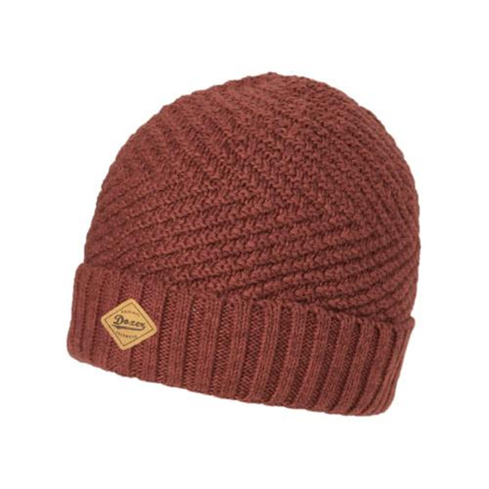 A brown knitted Millymook/Dozer Forster beanie hat with a logo patch on the fold.