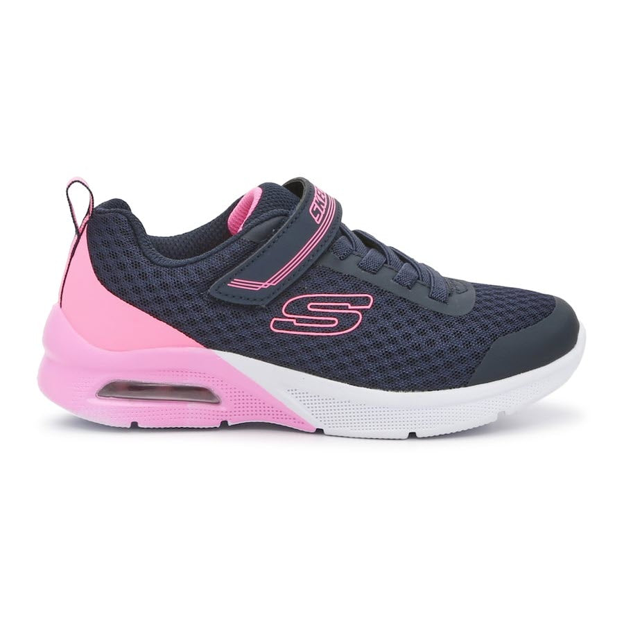 A navy and pink kid&#39;s Skechers Micrsopec Max sneaker with an air-cushioned heel.