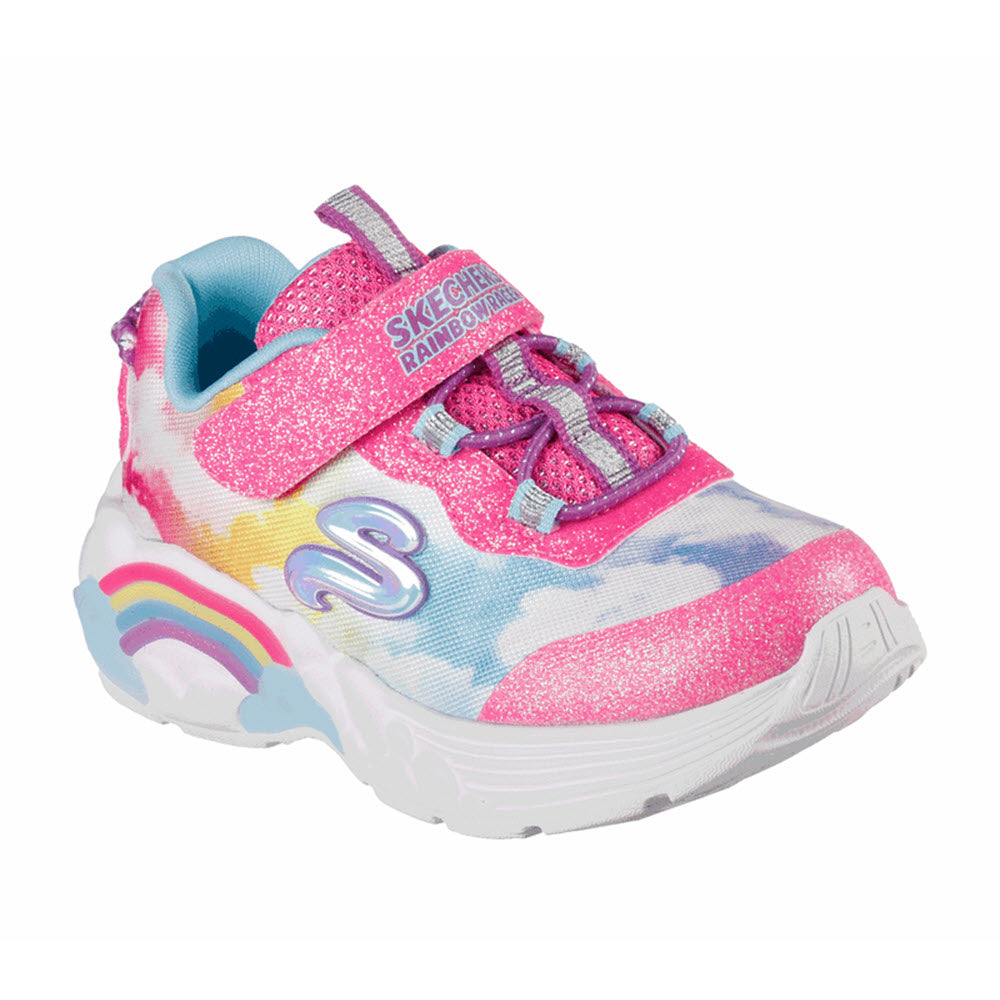 A colorful child&#39;s sneaker featuring pink glitter details, a rainbow and cloud print, and a light-up midsole with hook-and-loop straps is the Skechers Rainbow Racer Pink Multi - Kids.